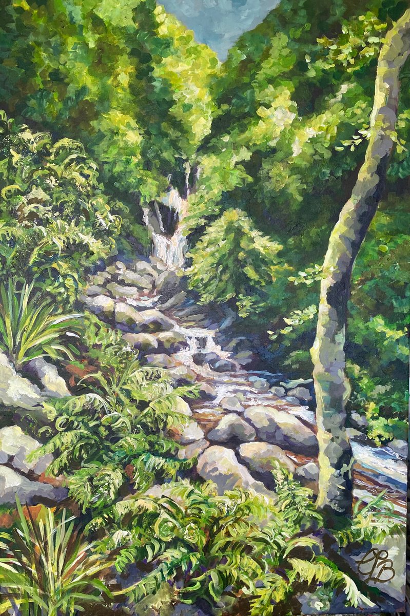 Impressionistic Landscape Acrylic Painting By Colette Baumback, 24 X 35, The Waterfall, Original Artwork