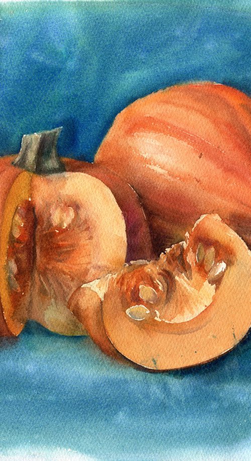 Still life with pumpkins on a blue background by SVITLANA LAGUTINA