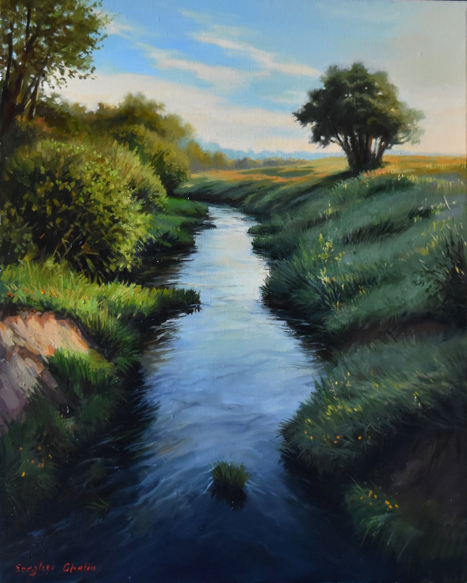 Photorealistic Landscape Oil Painting By Serghei Ghetiu, 16 X 20", A Summer Evening, Original Artwork