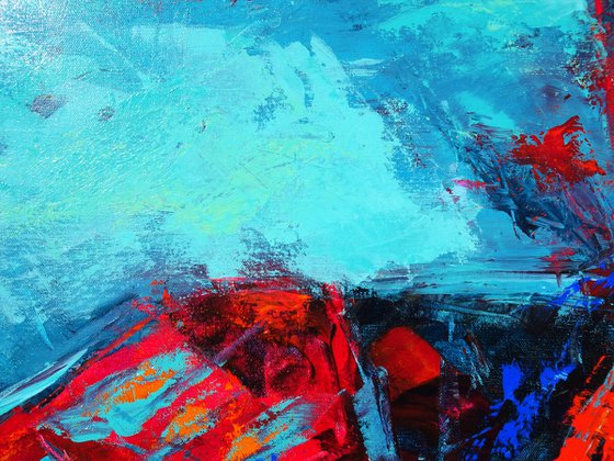 MOMENTS IN TIME III. Teal, Blue, Aqua, Navy, Red Contemporary Abstract Painting with Texture