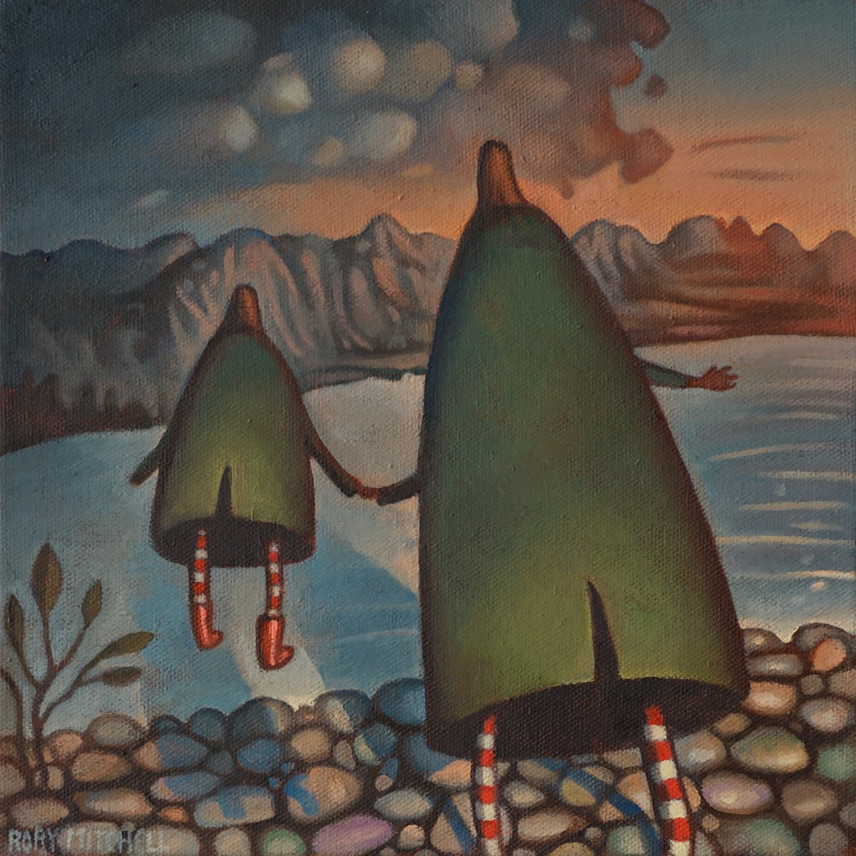 Naive Portrait Oil Painting By Rory Mitchell, 10 X 10", Mother And Daughter, Original Artwork