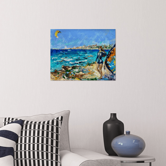 Kitesurfing - Spot atmosphere, 47*37cm, impressionistic oil impasto landscape painting