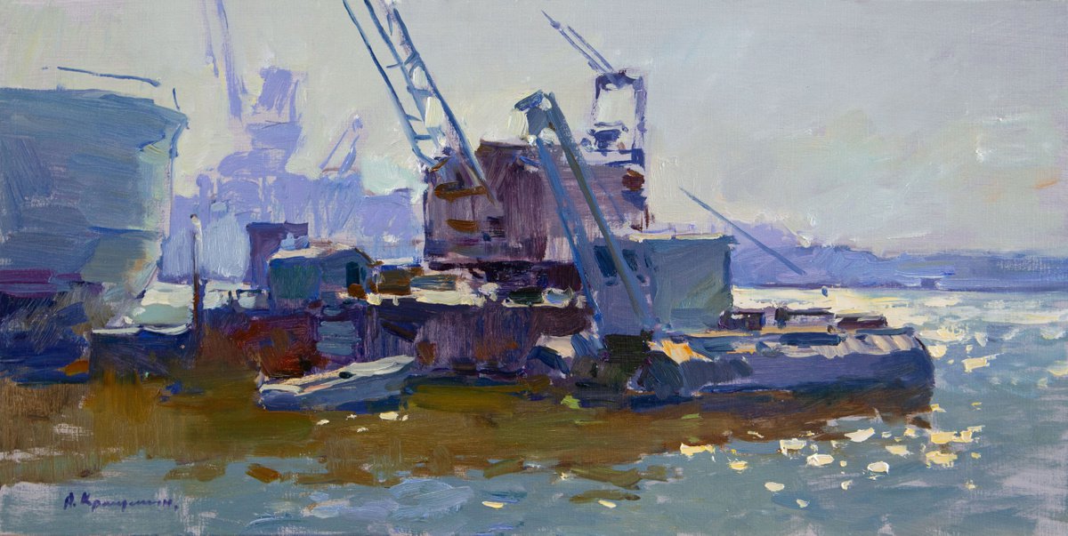 Impressionistic Landscape Oil Painting By Aleksandr Kryushyn, 28 X 14, Sunny Morning At The Pier, Original Artwork