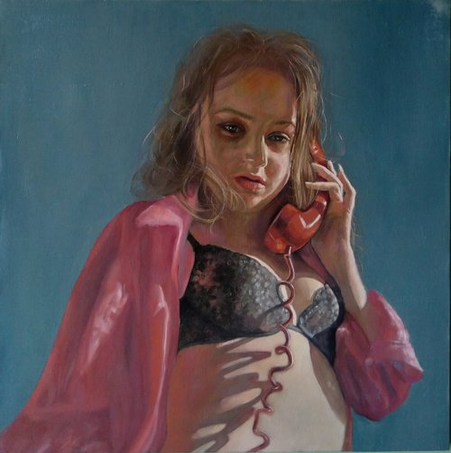 Call (52x52cm, oil/canvas, impressionistic figure) by Kamsar Ohanyan