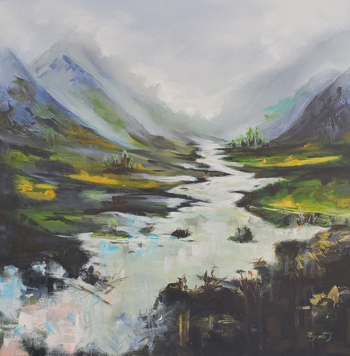 Impressionistic Landscape Acrylic Painting By Niyati Jiwani, 24 X 24", Whispering River, Original Artwork