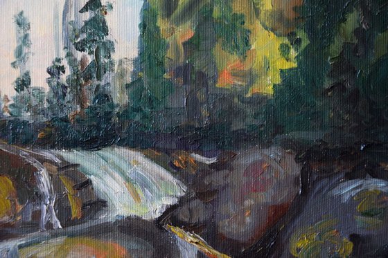 Oil painting Waterfall in High Tatras, Slovakia