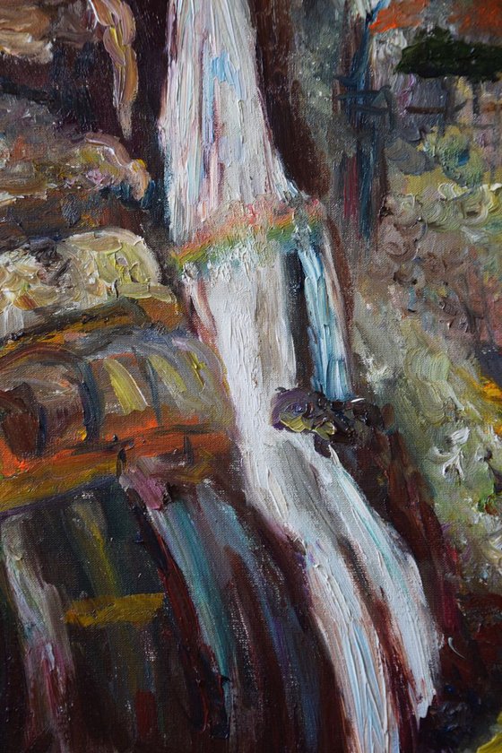 Oil original painting Waterfall in mountains Slovakia