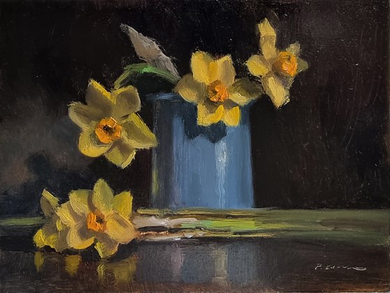 Daffodils and a Blue Pot