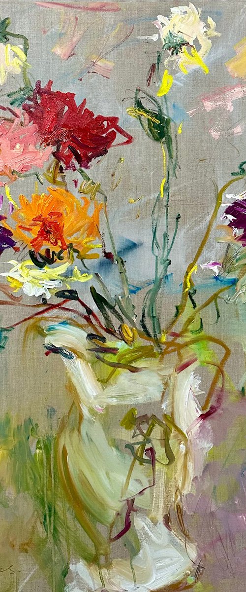 Jug of dahlias by Lilia Orlova-Holmes