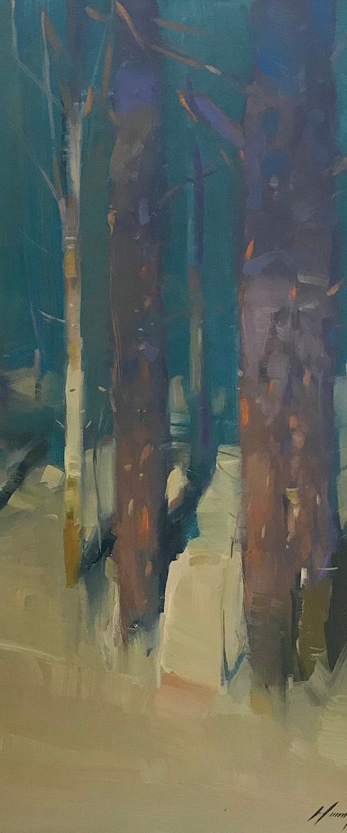Moon Trees, Landscape oil painting, Handmade artwork, by Vahe Yeremyan