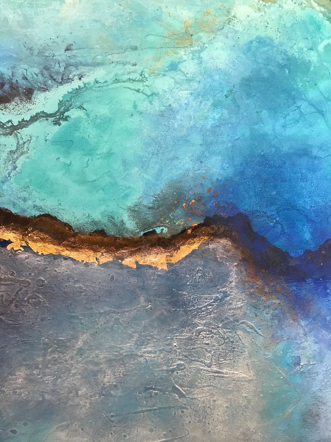 Azure, cerulean, cyan, blue, turquoise, gold, brass deals abstract geode original acrylic painting.