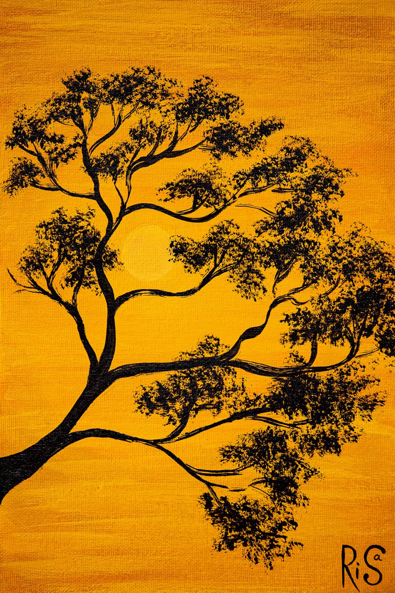 AFRICAN SUNSET - sun, black tree silhouette, small canvas, desktop art by Rimma Savina