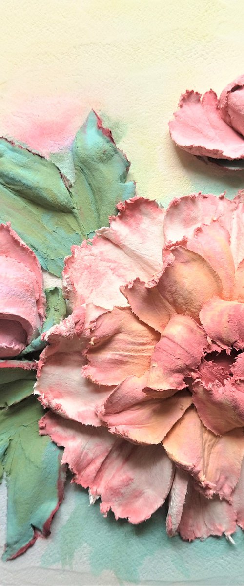 Pink peonies impasto landscape - three-dimensional painting, 25x25x5 cm by Irina Stepanova