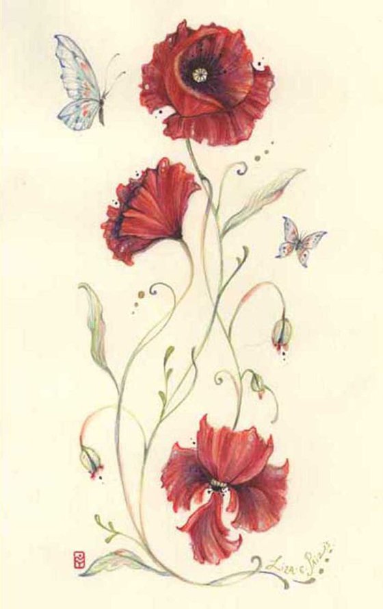 Red Poppies and Butterflies original watercolour painting flower art