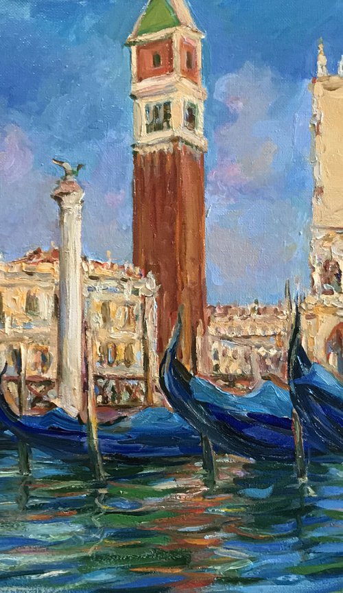 GONDOLAS NEAR PIAZZA SAN MARCO -  original oil painting, cityscape, landscape, home decor, gift idea, living room decor, water, Venice, Italy, vacations, gift 58x79 by Karakhan