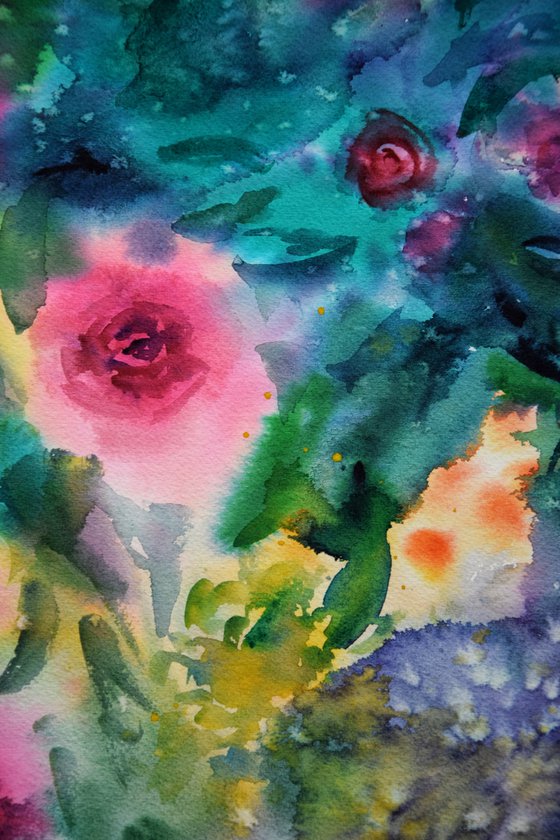 Roses Watercolor Painting, Abstract Wall Art, Pink Flowers Original Artwork