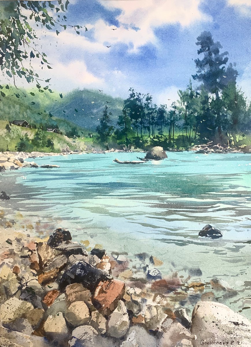 Impressionistic Landscape Watercolour By Eugenia Gorbacheva, 12 X 16, Arkhyz. Mountain River., Original Artwork
