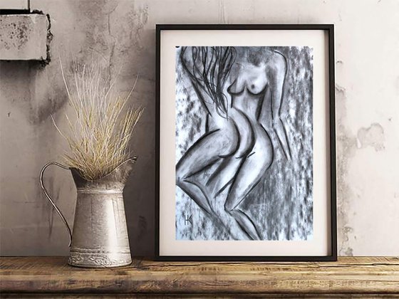 Lesbian Painting LGBT Original Art Couple Artwork Female Nude Drawing Woman Nude Charcoal Sketch Erotic Painting Home Wall Art 13 by 18" by Halyna Kirichenko