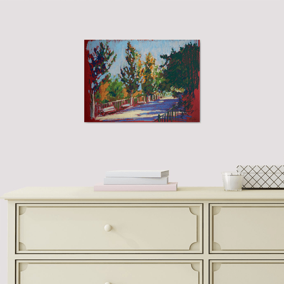 Autumn is coming. Evening plain air in the park. Oil pastel painting. Small original colorful fall home decor interior street park trees fall colors