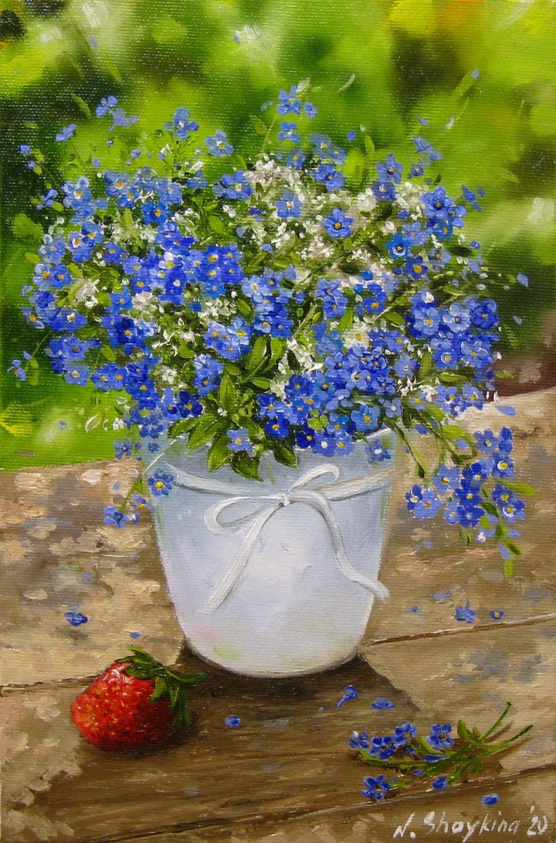 Photorealistic Oil Painting , Forget-Me-Nots With Strawberry By Natalia Shaykina, 8 X 12, Artwork For Sale On Artfinder
