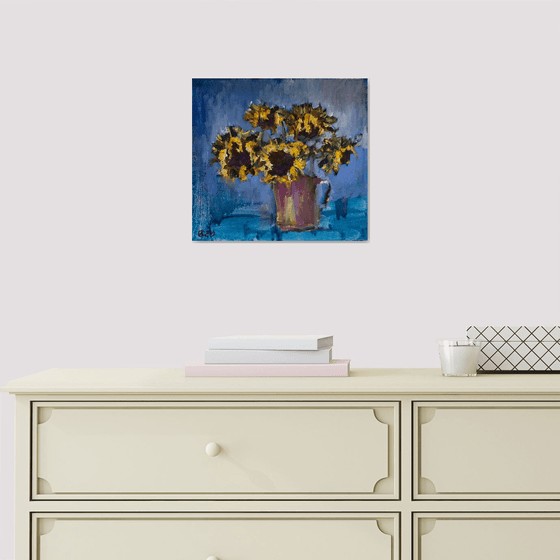 Sunflowers on blue. Small oil painting. Original dramatic home decor gift interior dark blue moody autumn