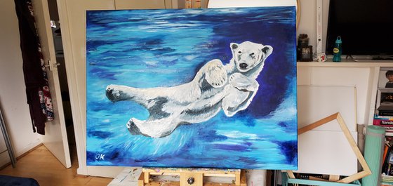 Polar bear 🐻‍❄️ , size 81 x 61 cm ( 32 x 24 inches)cute animal, turquoise, deep blue, ultramarine