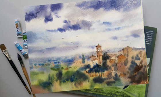 Italian landscape with a view of the bell tower. "Before the rain" Assisi. Italy