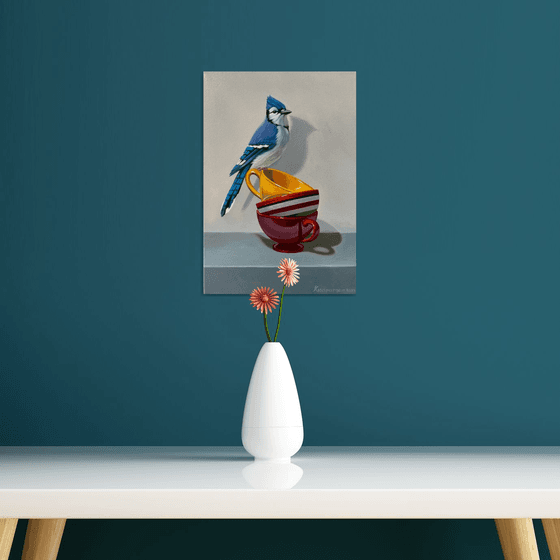 Still life with bird and cups (24x35cm, oil painting, ready to hang)