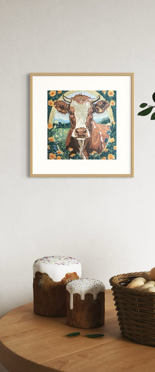 Cow – Original Reduction Linocut Print by Jennie Smallenbroek