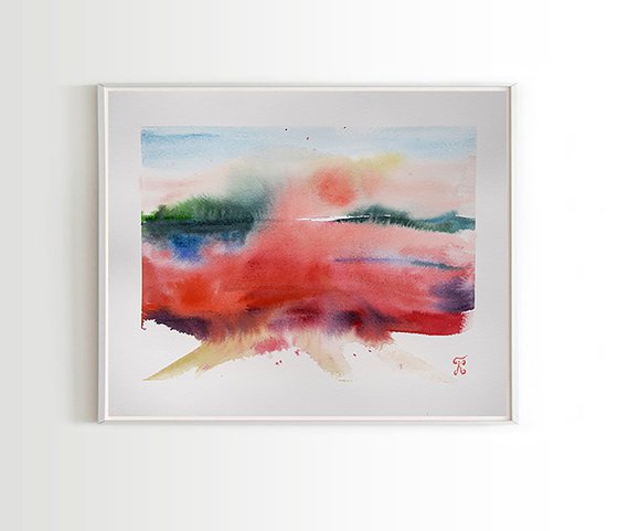 Abstract landscape painting, original watercolor painting, abstract red wall art