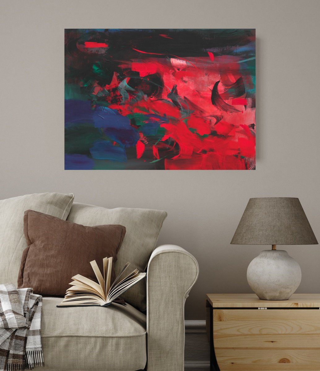 Abstract Acrylic Painting By Ute Laum, 31 X 24", Firecracker, Original Artwork