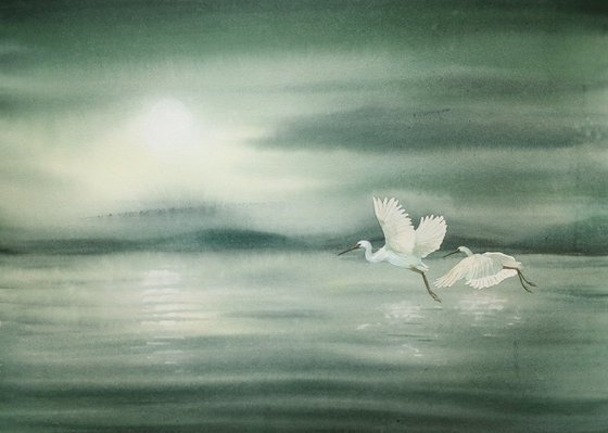 Serenity -  lake -  flying egrets - white egret - original watercolor landscape - white herons