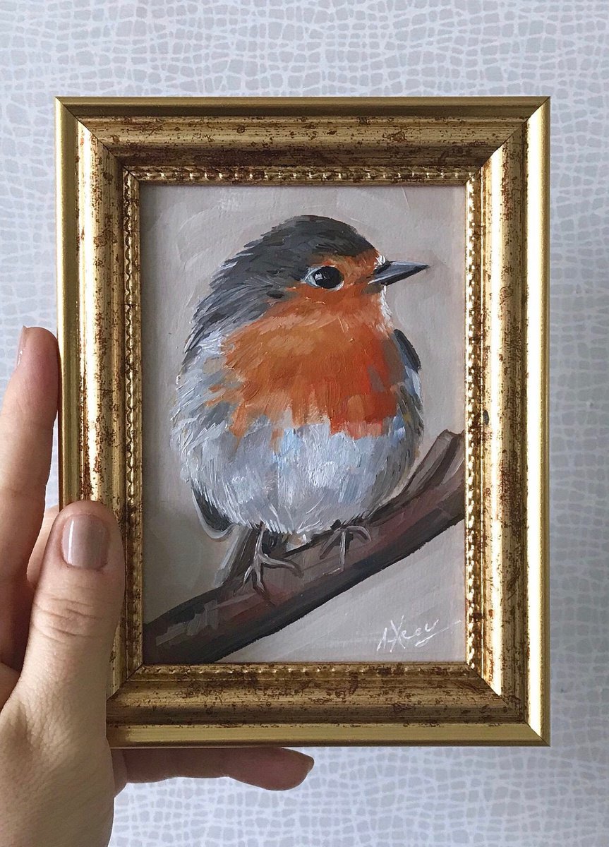 Robin Bird painting mini art framed by Leysan Khasanova