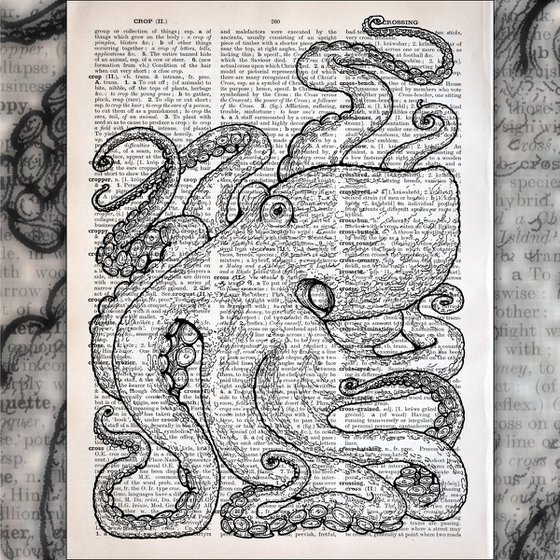 Octopus On The Page - Collage Art Print on Large Real English Dictionary Vintage Book Page