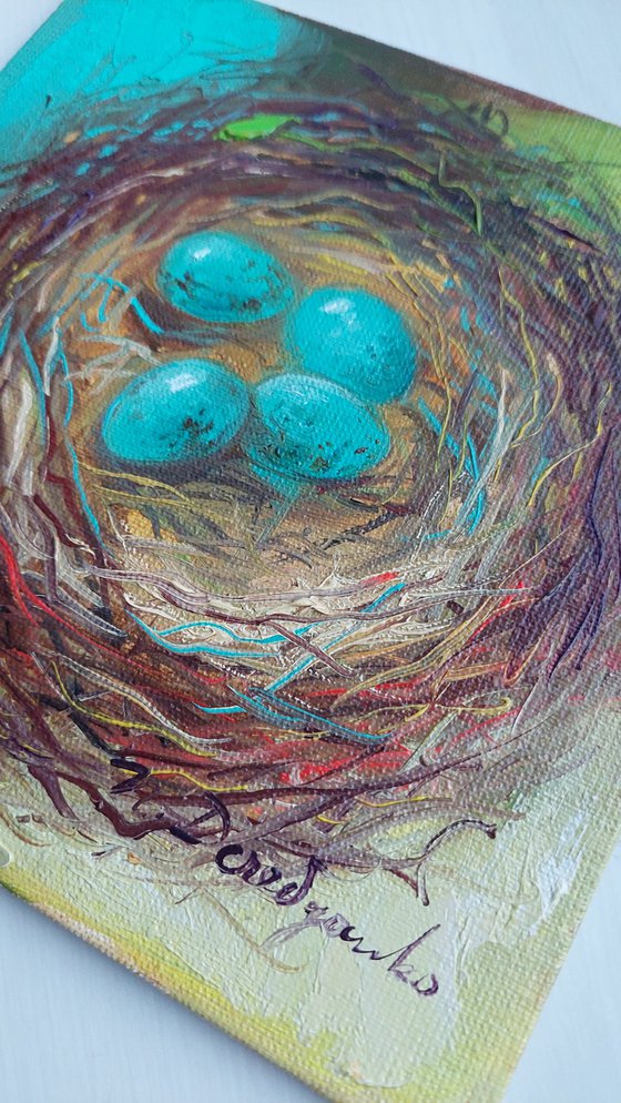 Blue Egg nest painting original canvas 6x6 in frame, Turquoise Robin's bird eggs small framed art, Green small bird painting gift