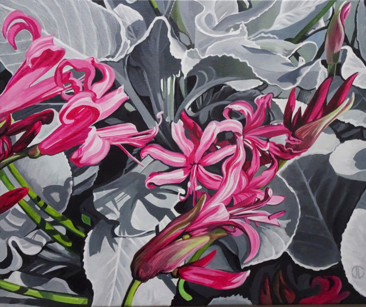 Impressionistic Botanical Acrylic Painting By Joseph Lynch, 24 X 20, Floral Nerines And Senecio, Original Artwork
