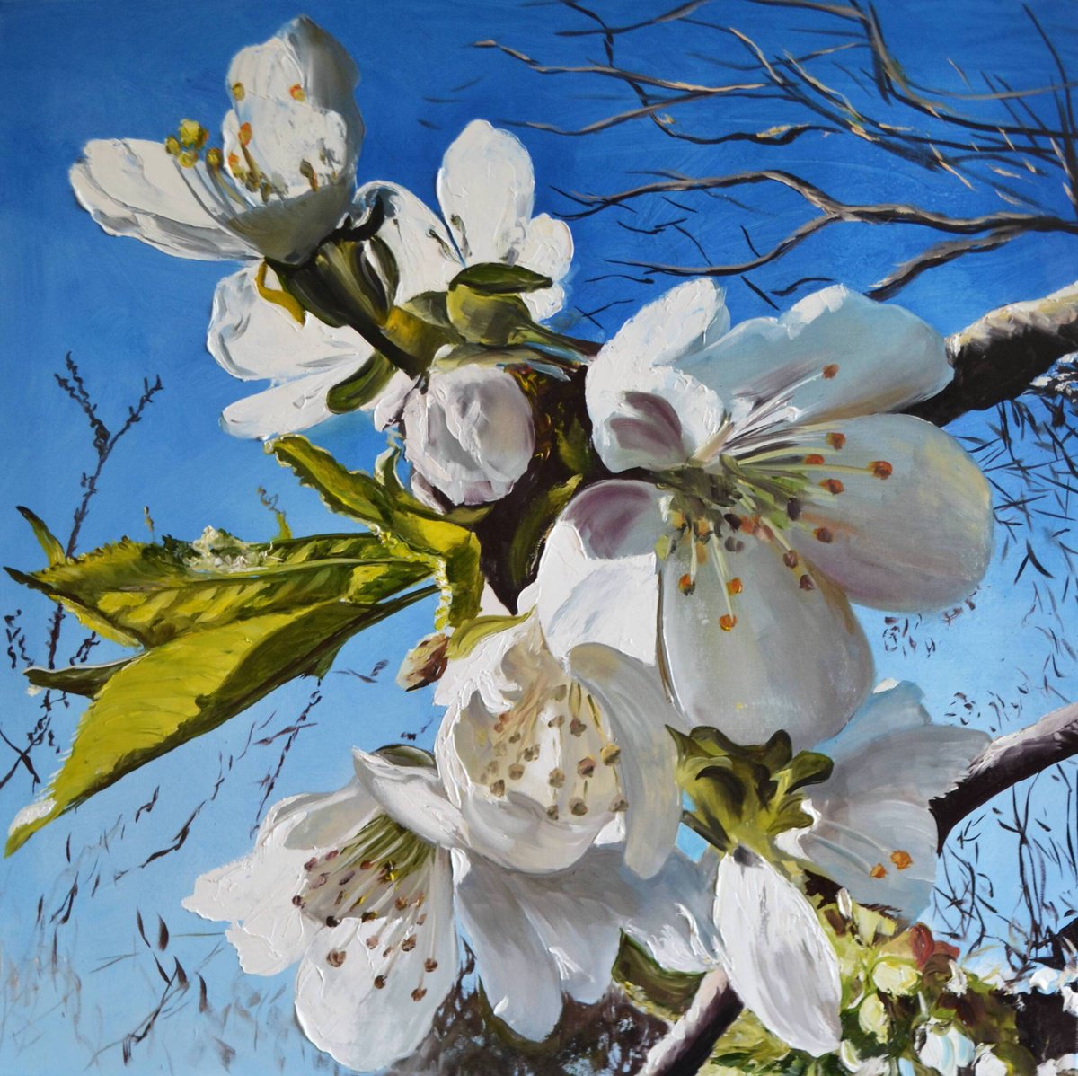 Botanical Oil Painting By Valeriia Radziievska, 28 X 28", Pure White, Original Artwork