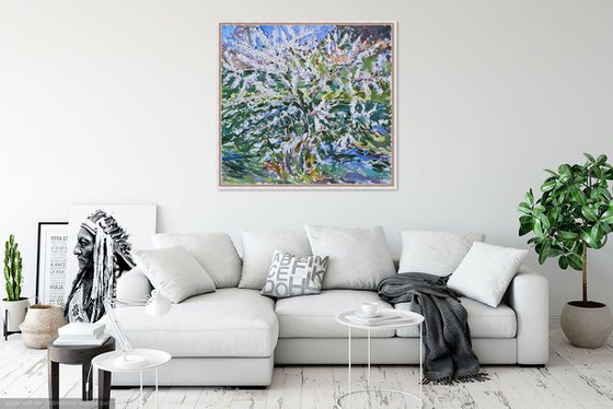 FLOWERING BUSH - original oil on canvas, floral landscape art, blooming tree plant, spring flower, interior decor