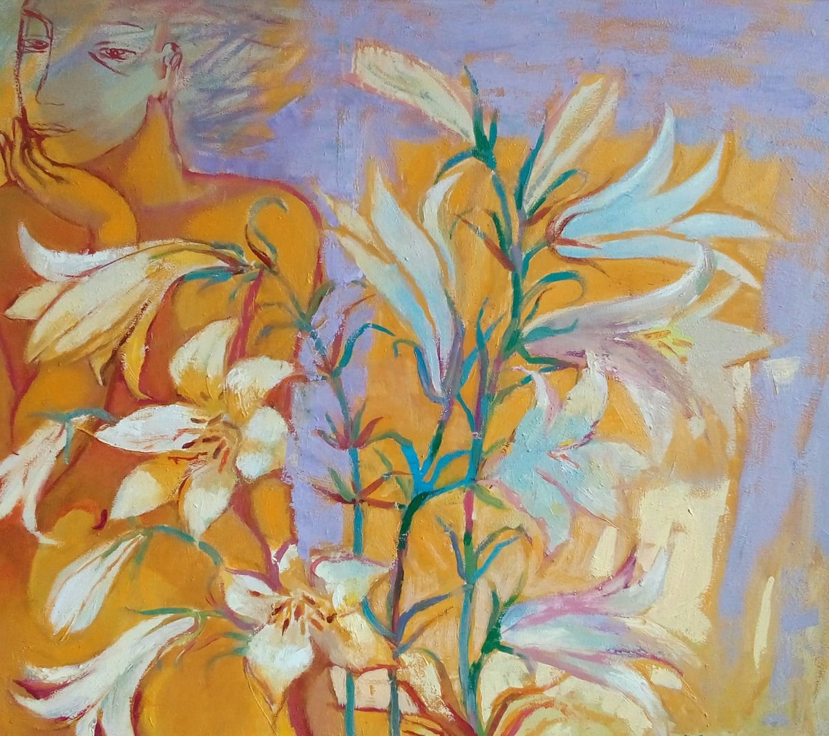 Impressionistic Botanical Oil Painting By Olena Kondratiuk, 31 X 28", Lily, Original Artwork