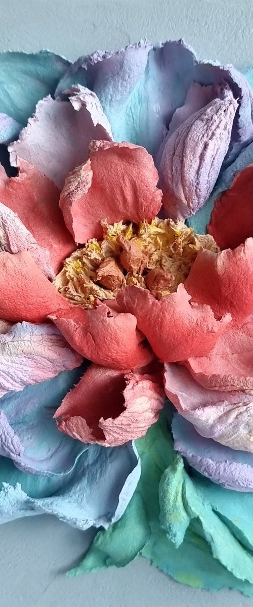 Flower panel rainbow peony 1. Small ceramic sculpture 3d flower with red and blue petals. Colourful peony botanical bas- relief  - Xmas gift, 17x17x4 cm by Irina Stepanova