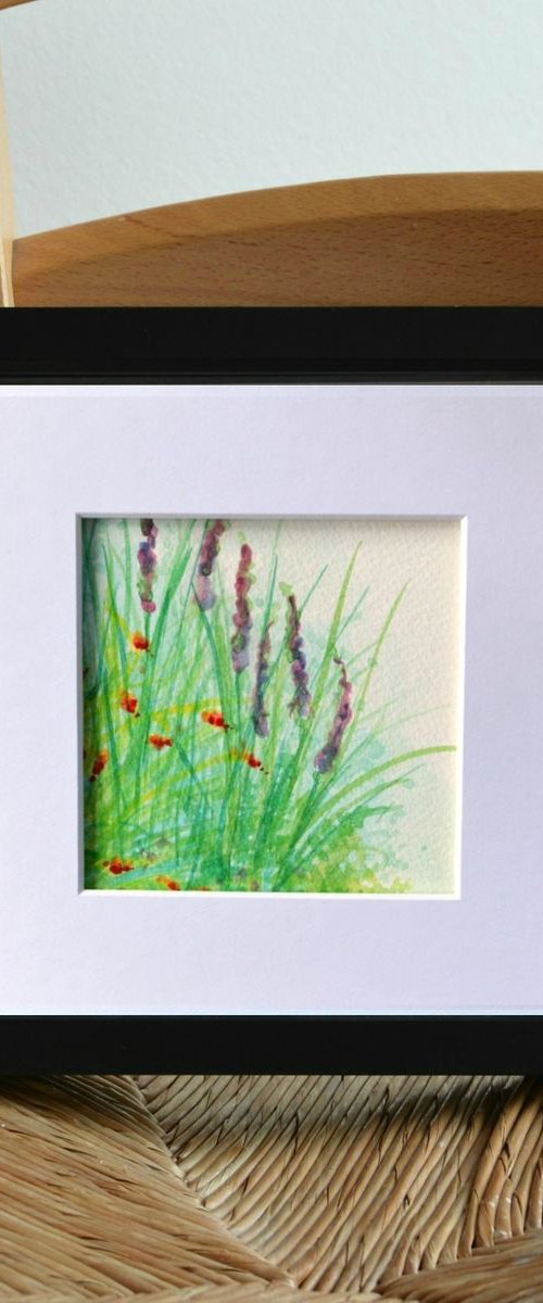 Crocosmia and Purple Loosestrife 2 - mounted watercolour, small gift idea by Lisa Mann