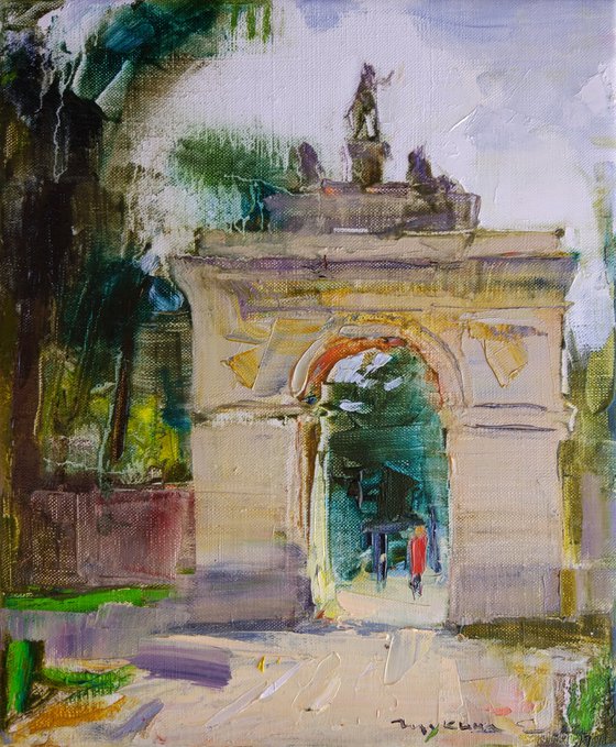 Roman Holiday Series. Arch in Borghese Park . Original plein air oil painting .