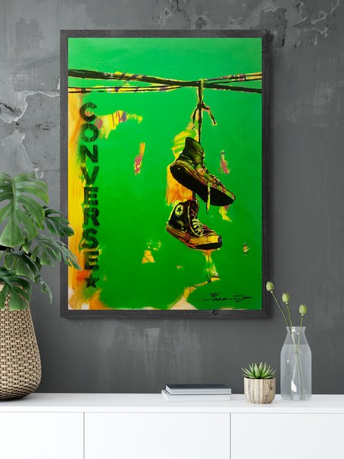 Green vertical painting - "CONVERSE" - Pop Art - Street Art - Sneakers - Urban Art - Electric wires by Yaroslav Yasenev