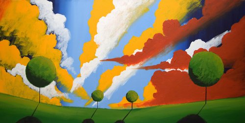 This Green and Pleasant Land landscape countryside original colourful sky abstract painting art canvas by Stuart Wright