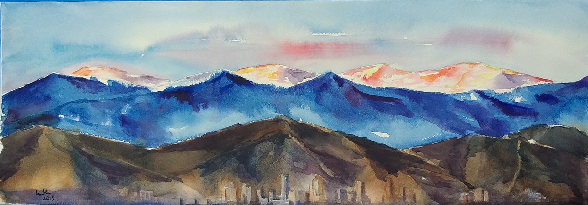 Denver during Sunrise - watercolor - gift by Geeta Yerra