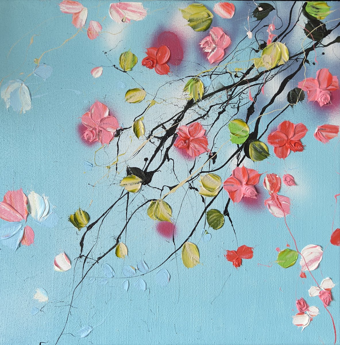 Blue Sky III" acrylic square artwork with roses 50x50cm by Anastassia Skopp