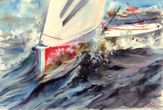 «Cutting the waves» (yacht in watercolor)