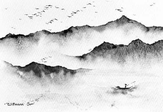 Mountains and fisherman.