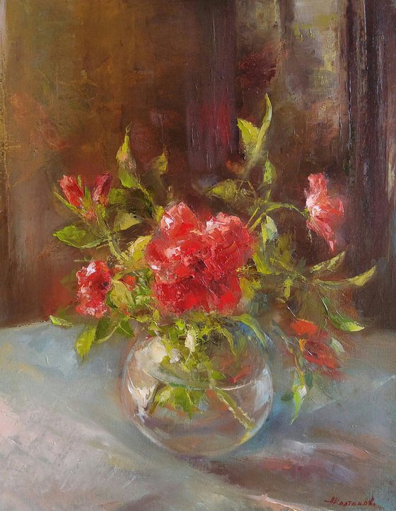 Wild roses, original, one of a kind, oil on canvas still life (16×20")