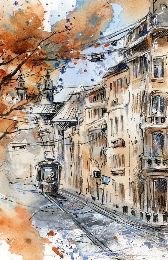 Architecture Sketch - Street and Autumn tree